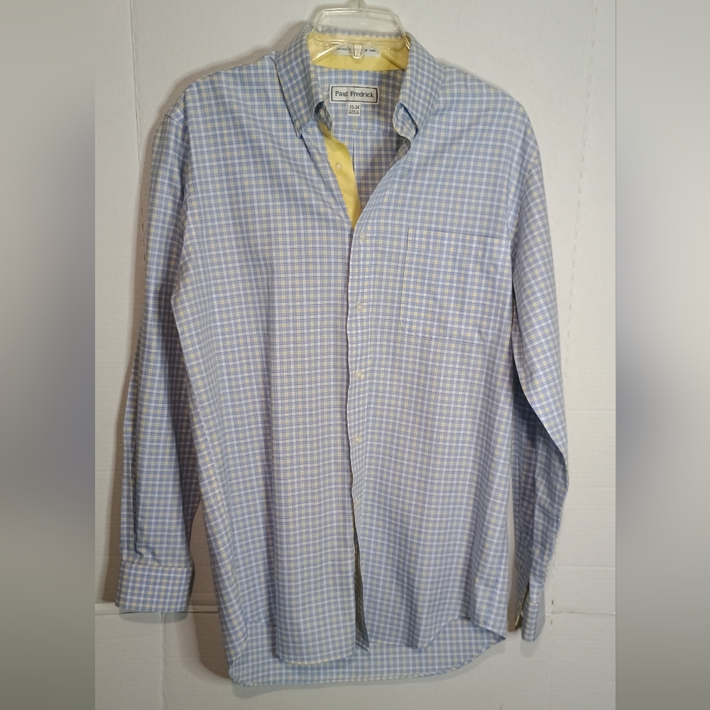 Paul Fredrick Light Blue and White Checkered Shirt Size 15-34